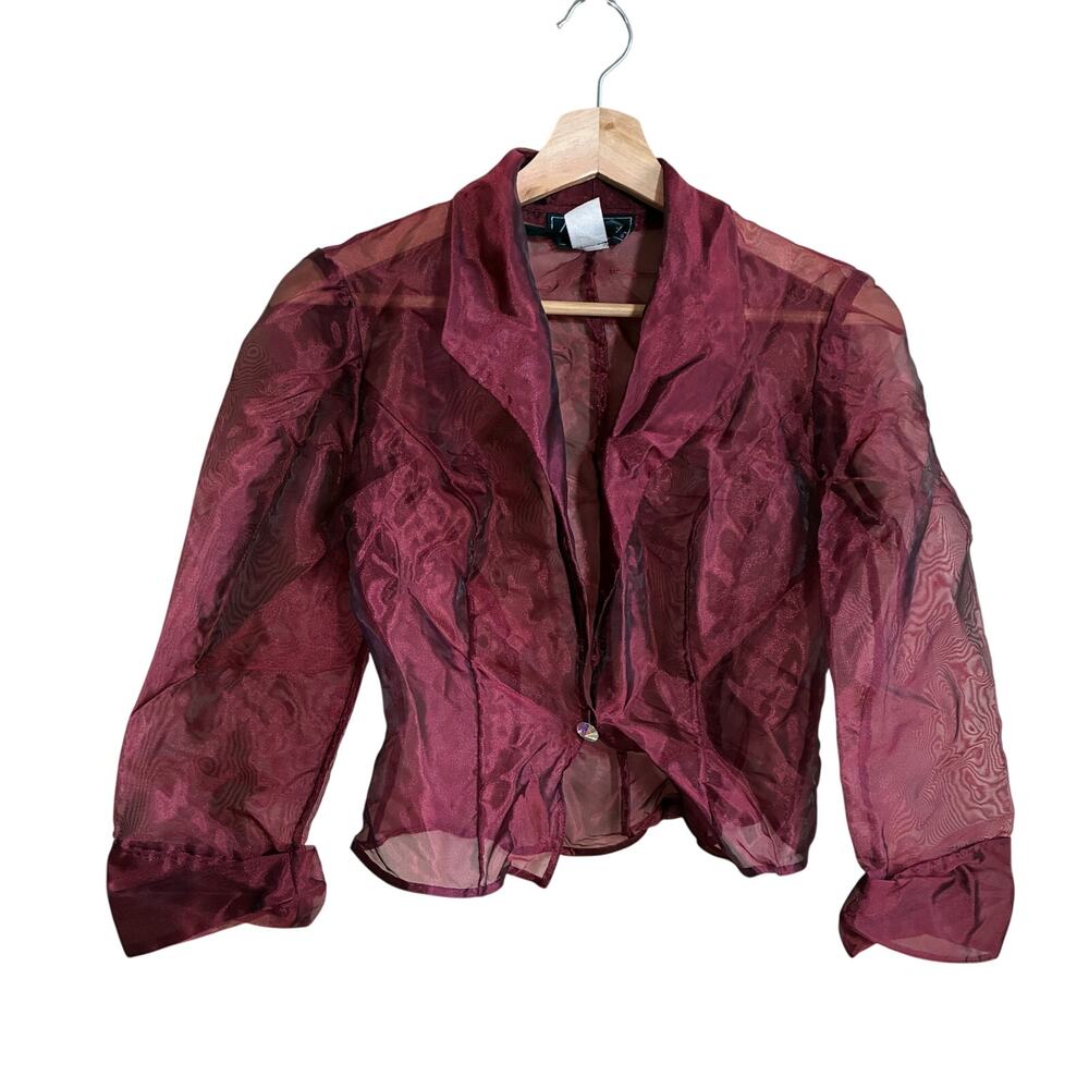 Vintage Alex Evenings sheer maroon structured jacket top women's 4 front button